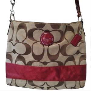 Coach Brown and Red Shoulder Bag with Signature Monogram